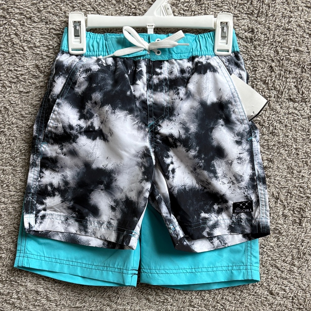 Big Chill Black & Turquoise Tie-Dye Layered Swim Shorts - TWO PACK - NWT